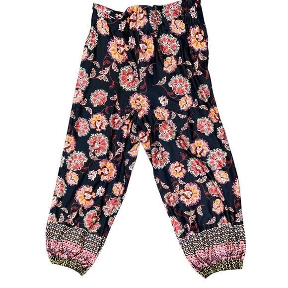 John Paul Richard Petite Floral Printed Black Elastic Waist Harem Pants With Lac - Picture 2 of 5